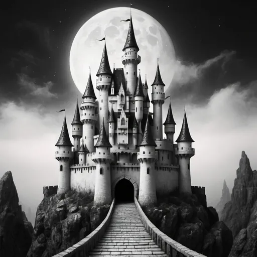 Prompt: Black and white textured fantasy castle