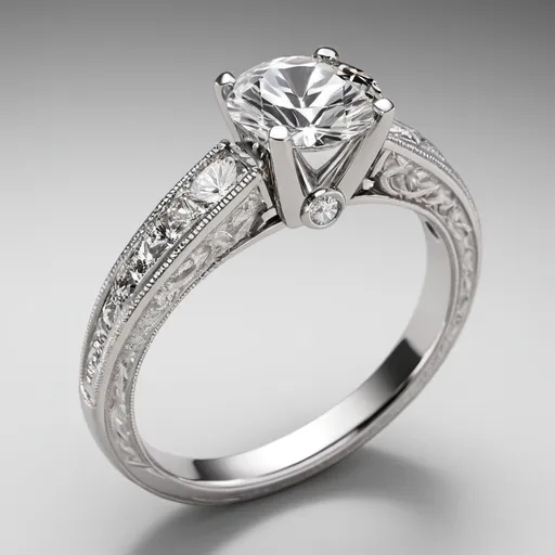 Prompt: Create a high-resolution image of an elegant platinum-mounted diamond ring. The ring should feature a single, large round brilliant-cut diamond at the center, held securely by a classic four-prong setting. The band should be sleek and polished, with a smooth, mirror-like finish. Add subtle details like delicate milgrain edges or a hint of engraved patterns on the band to enhance its sophistication. The background should be a soft, neutral color to highlight the brilliance and sparkle of the diamond. Ensure the lighting showcases the diamond’s facets and the ring’s overall luxurious quality