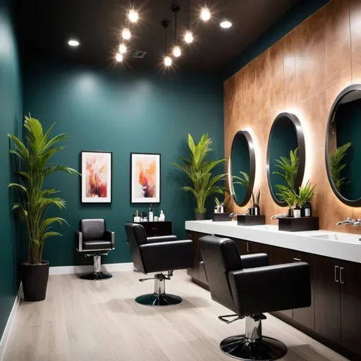 Prompt: Create a vibrant and inviting image for a modern salon that embodies elegance and creativity. The salon should feature a chic and contemporary interior with stylish furniture, sleek lighting, and colorful decor elements. Include a diverse group of professional stylists interacting with clients, showcasing a range of haircuts, color treatments, and styles. The atmosphere should be luxurious yet welcoming, with a touch of artistic flair. Incorporate elements like lush plants, artistic wall art, and a sophisticated color palette that blends warm and cool tones. The overall mood should be one of relaxation, innovation, and high-end beauty