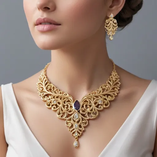 Prompt: Create a stunning and elegant gold necklace design that captures attention and exudes sophistication. The necklace should feature intricate, flowing patterns inspired by nature, such as delicate vines or blossoming flowers, but with a modern twist. Incorporate elements like fine filigree work and shimmering gemstones in complementary colors for added glamour. The gold should have a polished, radiant finish to enhance its luxury appeal. The design should be both timeless and contemporary, ensuring it is strikingly beautiful and perfect for making a memorable impression. Include a realistic rendering of the necklace on a mannequin or model’s neck, showcasing its grace and allure not a copywrite a orignal image 