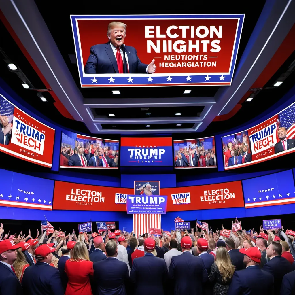 Prompt: "Election Night Headquarters": Inside Trump's election headquarters, screens flashing results, jubilant supporters, and Trump giving his acceptance speech, with a modern, high-energy design.