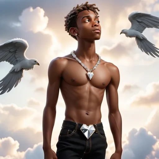 Prompt: image of the 18-year-old African American boy, wearing diamond cloror diamond shining broken heart necklace on his neck dressing luxurious  without shirt where is expose his 6packs and his is looking like hoping for something in the sky surrounded by clouds where are one mini angel in the left  sides taking arrow  nd others in the right sides too  and  complet image head to foot. The name "Norbert Wilde" is subtly signed in the background.