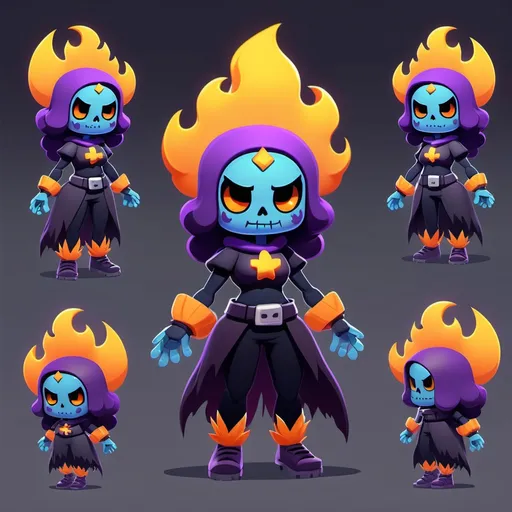 Prompt: Here’s a concept for a haunted-themed Amber skin in Brawl Stars:

### Skin Name: **Ethereal Ember**

**Visual Description:**
- **Color Palette:** Dark purples, eerie greens, and ghostly whites.
- **Body Design:** Amber’s body would be slightly translucent, resembling a ghostly figure. The flames on her head would be replaced with wispy, spectral flames that flicker like will-o'-the-wisps.
- **Outfit:** A tattered, flowing robe that appears to be made of shadows and mist, with glowing, ember-like patterns that pulse with an otherworldly light.
- **Eyes:** Her eyes could be glowing green, giving a haunting look.
- **Animations:** When she moves, a trail of spectral flames follows her, leaving a faint glow. Her attacks would have a ghostly effect, with greenish fireballs that leave a trail of mist.