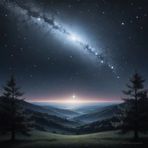 Prompt: Can you suggest a prompt that will be helpful to generate a relevant image for description: "In the serene backdrop of a dark velvet sky, a single radiant star takes center stage. The star glistens with a soft silver glow, casting a gentle, shimmering light onto the tranquil night landscape. The surrounding darkness is dotted with more distant stars, creating a celestial tapestry that seems to stretch forever. The star in focus stands out like a diamond in the sky, a beacon of hope and wonder. It symbolizes the innocence and curiosity of childhood, reminding us of the simple joys of looking up at the night sky and dreaming."