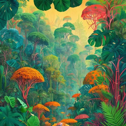 Prompt: Vibrant, surreal illustration of a thriving jungle, lush foliage, diverse flora and fauna, towering trees, vibrant colors, emotional growth, exploration, daily challenges, high quality, surreal, vibrant colors, jungle, diverse flora and fauna, emotional growth, exploration, detailed foliage, surreal lighting