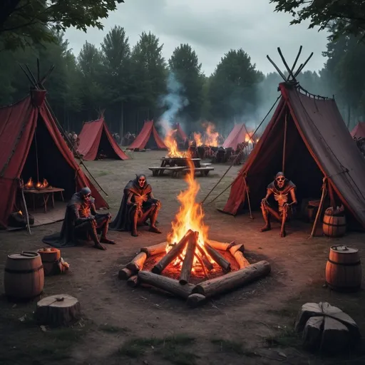 Prompt: medieval camp setting with campfire
no humans in frame
scary
demon theme but no actual demons
blood theme