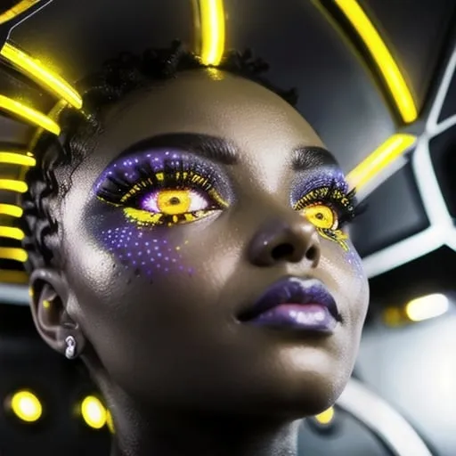 Prompt: look into my hypnotizing 40years old androgynous afroamerican aliens glowing eyes, cineastic eyes close-up, artstation, silver yellow light, alien planet