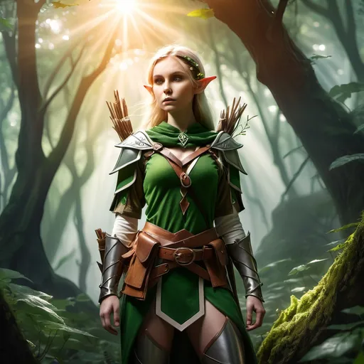 Prompt: Elf ranger in a mystical forest around sunlight