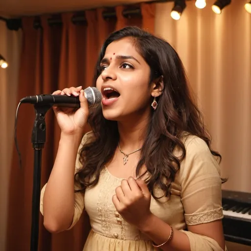 Prompt: Generate an image of a young woman singing "Yaadein Teri" by Kanaka Gadkari:

Subject: A young woman (20-30 years), expressive, slightly wavy hair, wearing a stylish fusion outfit (modern with Indian elements), holding a vintage microphone.
Pose: Passionately singing, with an emotional expression, one hand holding the mic, the other gesturing.
Background: Cozy music studio or room, warm lighting, soft decor (curtains, fairy lights), subtle musical notes or instruments.
Lighting: Soft, warm spotlight on the singer, creating a nostalgic, dreamy atmosphere.
Additional Elements: Floating musical notes or colorful mist around her, enhancing the musical and nostalgic feel.