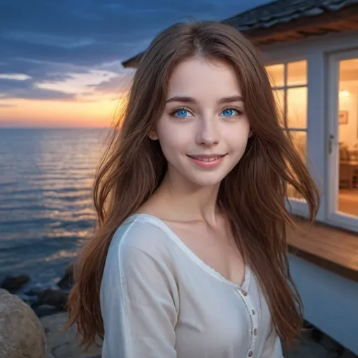 Prompt: 1 house,white skin,blue eyes,brown hair,long hair,JK,light smile,best quality,HDR,UHD,8K,masterpiece,Professional,over  the  sea,dusk,
