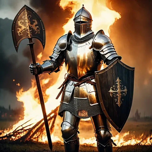 Prompt: A knight holding a shield up blocking a raging inferno, medieval setting, open field, fallen knights, medieval banner, game-rpg style, emotional, detailed golden armor, dramatic lighting, cool tones, high-res, fantasy, sorrowful atmosphere, medieval fantasy, heroic, atmospheric lighting