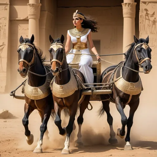 Prompt: pretty egyptian girl riding in a chariot puled by two horses, driven by a soldier in full battle gear.