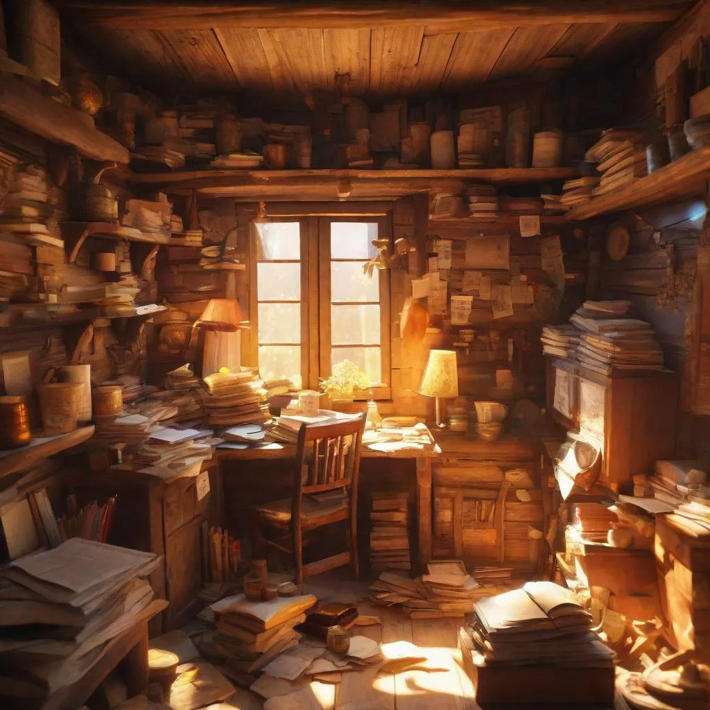 Prompt: inside of a very cluttered wooden cottage, beautiful amber light coming through window, [papers, books, cups, and trinkets] scattered everywhere, masterpiece, hd