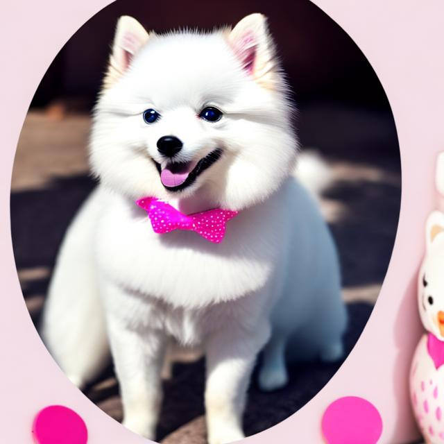 Prompt: an adorable white pomeranian with a bright pink collar with pictures of dog bones on it

