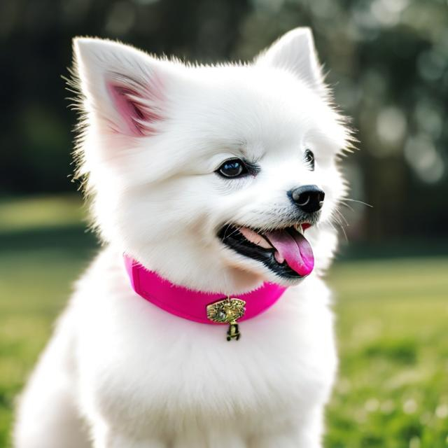 Prompt: an adorable white pomeranian with a bright pink collar with pictures of dog bones on it

