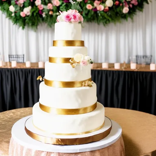 Prompt: a giant 4 tier  chocalate wedding cake with fake flowers and a gold ribbon.  on a white table 


