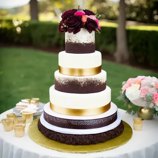 Prompt: a giant 4 tier  chocalate wedding cake with fake flowers and a gold ribbon.  on a white table 


