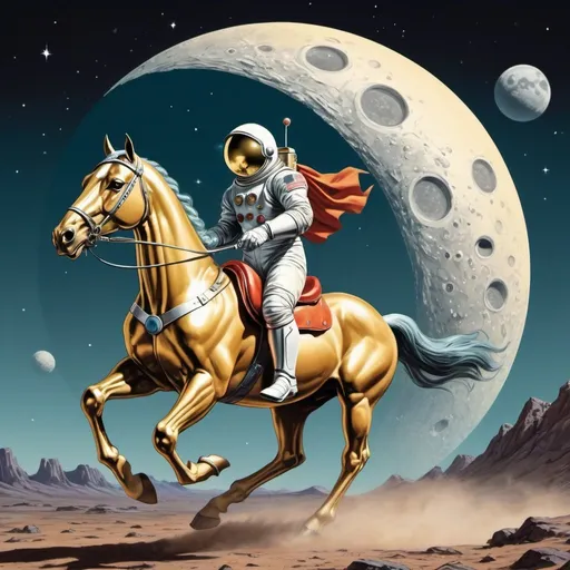 Prompt: Create a captivating piece of AI-generated artwork inspired by the golden age of comic books, circa 1950, with a delightful twist of science fiction and fantasy. Picture a spaceman, reminiscent of classic retro-futuristic designs, boldly riding a majestic horse across the serene, yet surreal, landscape of the moon. Transport the viewer to an era where exploration and imagination knew no bounds.