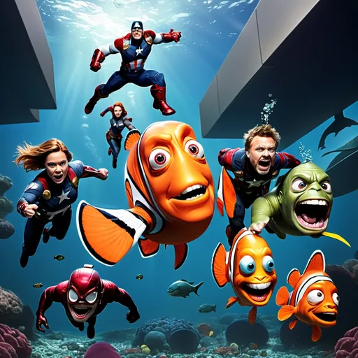 Prompt: Avengers chasing Nemo 