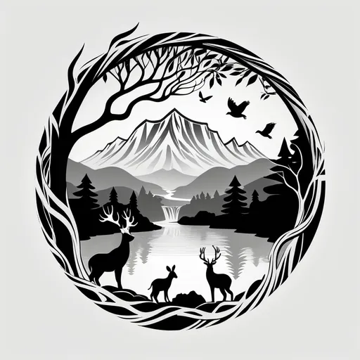 Prompt: Generate a black and white logo for a wild life sanctuary ,with tree branches spreading through the image forming a circular design,a mountain with water fall background, tribal people, tiger and cubs, birds,deers,rabbits all within the circular Branching tree design
