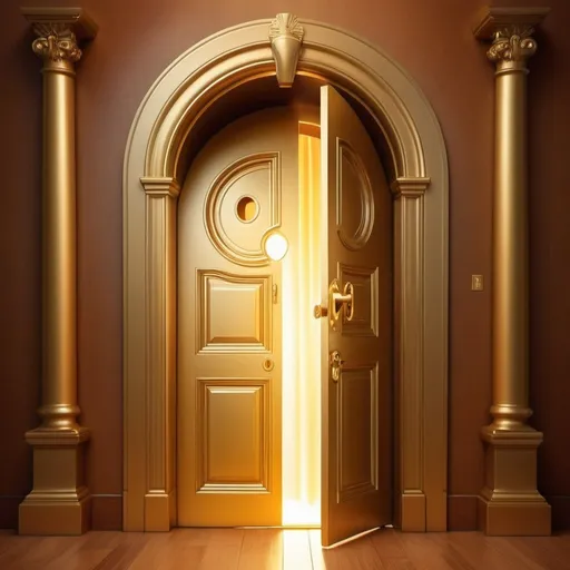 Prompt: Prompt: Generate an image of a golden door with a prominent keyhole, with a shining golden key inserted into the keyhole, symbolizing unlocking financial opportunities. The key should be glowing and emanating rays of light, while the door stands tall and majestic, representing the vast possibilities and abundance awaiting behind it. The background should be a gradient of warm, inviting colors, evoking feelings of hope, prosperity, and success.