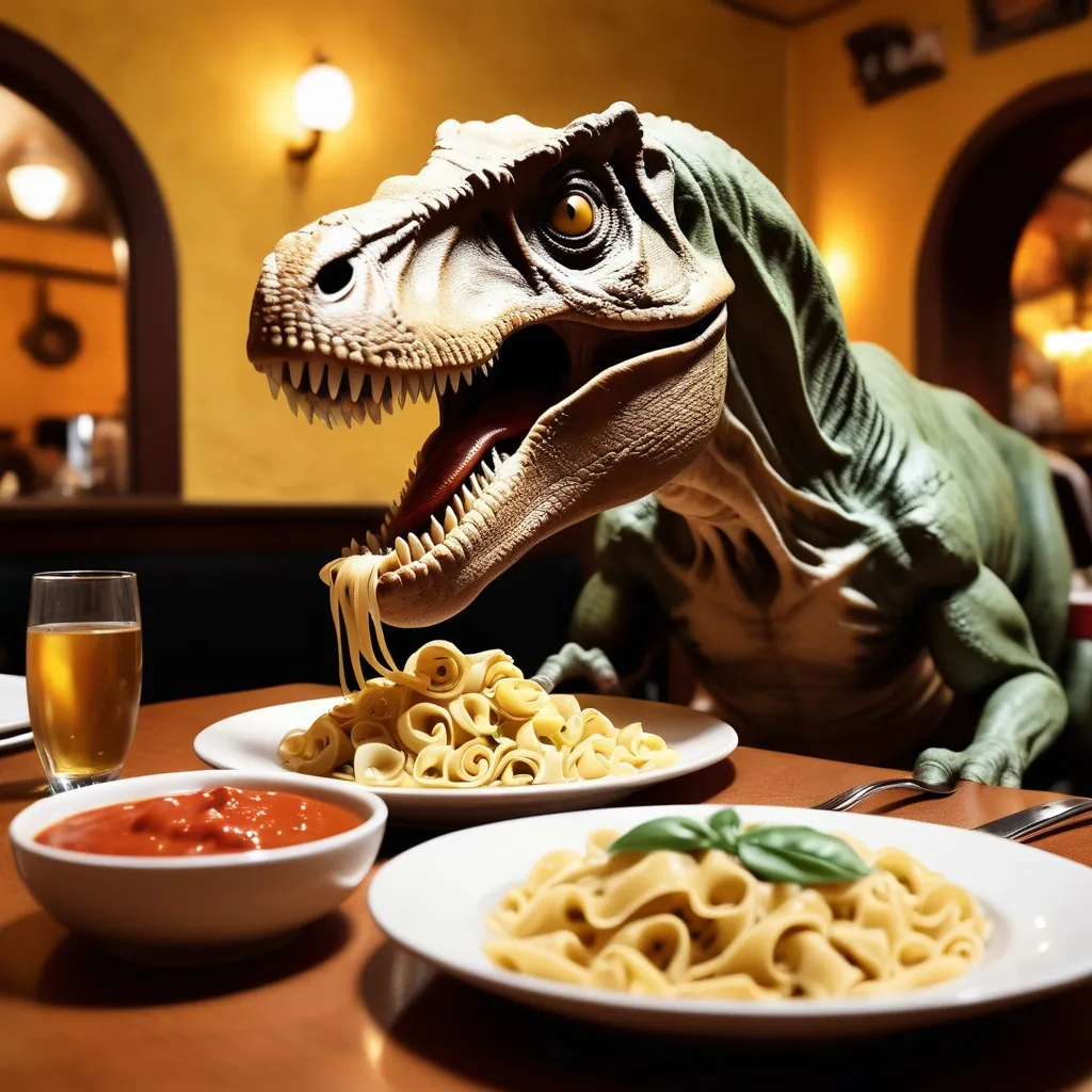 Prompt: A T. rex eating tortellinis with its tiny arms, sitting at a table in an Italian restaurant, surrounded by pasta and sauce