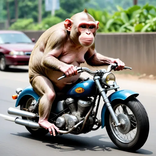 Prompt: A very fat hairless monkey driving a motorcycle 