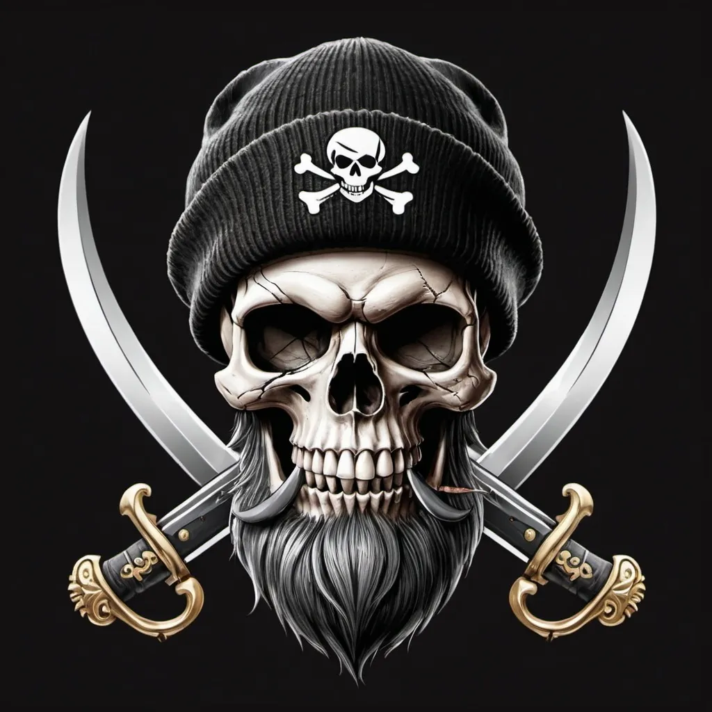 Prompt: a  pirate skull like a jolly roger with a black beanie and a beard with a joint and a sword as the crossbones