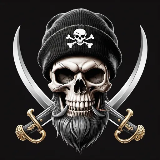 Prompt: a  pirate skull like a jolly roger with a black beanie and a beard with a joint and a sword as the crossbones
