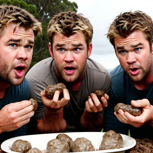 Prompt: The Hemsworth brothers eating big lumpy turds with a dumb look on their faces