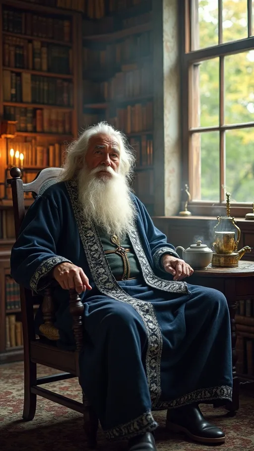 Prompt: A wise old man with a long, flowing white beard, sitting on a wooden chair in a cozy library filled with ancient books. The room is softly illuminated by warm, golden light from a nearby fireplace, casting gentle shadows on the walls. He wears a deep blue robe adorned with intricate silver patterns, and his wise, thoughtful eyes reflect a lifetime of knowledge. A steaming cup of tea rests on a small table beside him, and a large window reveals a tranquil garden outside, where birds can be seen flitting about.