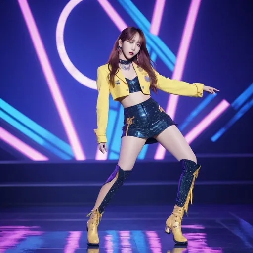 Prompt: Taurus zodiac inspired stage outfit, Kpop idol girl Hani, dancing, fashionable, full body, high quality, detailed, vibrant colors, professional lighting, elegant, stage performance, intricate details, modern, stylish, stunning visuals, colorful lighting
