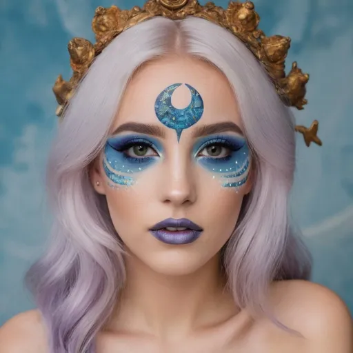 Prompt: A beautiful girl named Charlotte, with the Pisces zodiac sign, wearing a beautiful, unique makeup look, portrait 