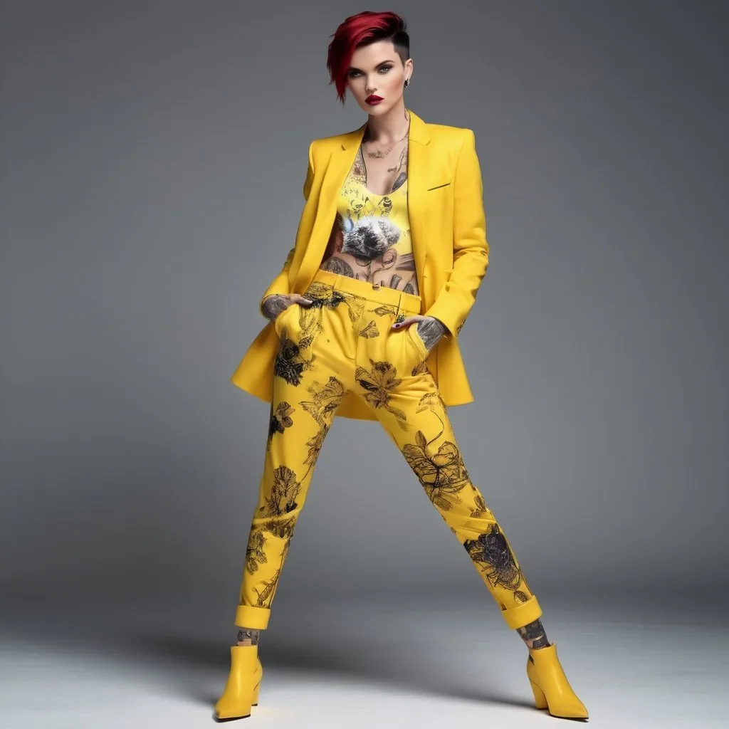 Prompt: The beautiful model Ruby Rose wearing a  fashionable bright yellow outfit with a unique and outlandish print design, in a fashion modeling pose, full body