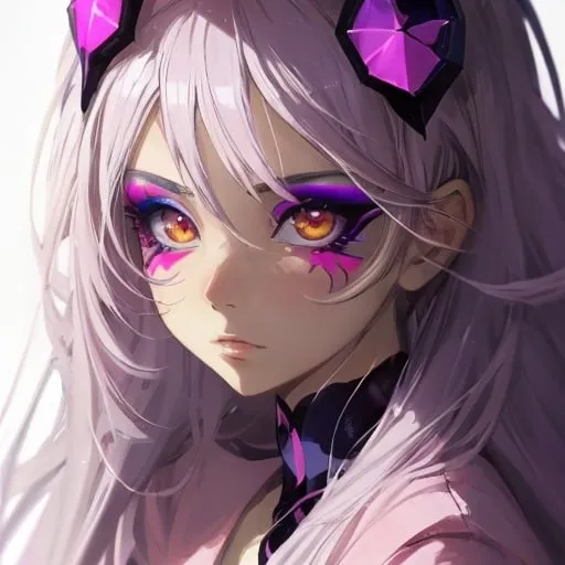 Prompt: A beautiful anime girl named Electra, wearing a beautiful unique makeup look, portrait 