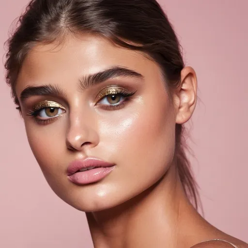 Prompt: The beautiful female model Taylor Hill wearing pigmented, sparkly golden cream eyeshadow and light pink lipstick, portrait 