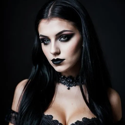 Prompt: A beautiful goth girl named Aleksandra, wearing a gorgeous gothic makeup look, portrait 