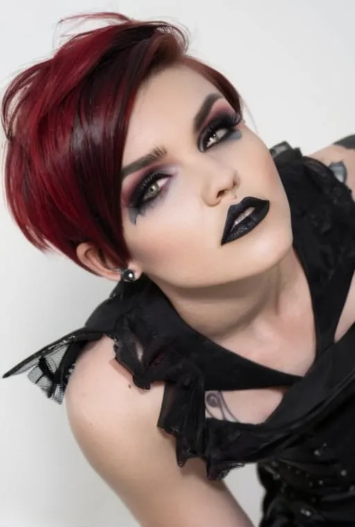 Prompt: The beautiful model Ruby Rose, wearing a beautiful goth makeup look, portrait 