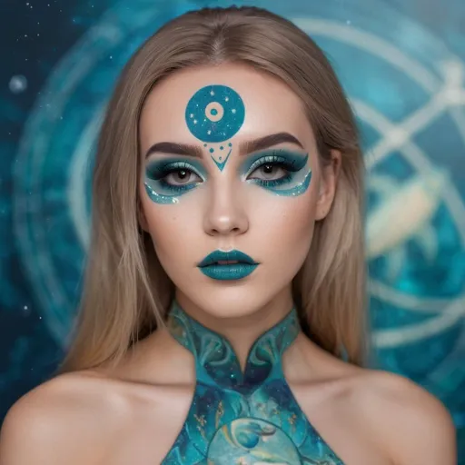 Prompt: A beautiful girl named Aleksandra, with the Pisces zodiac sign, wearing a beautiful Pisces zodiac inspired makeup look, portrait 