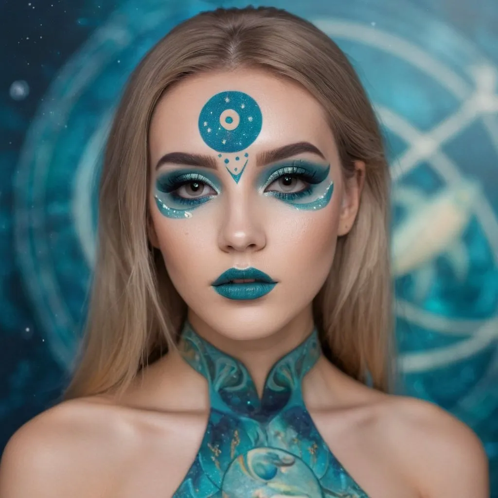 Prompt: A beautiful girl named Aleksandra, with the Pisces zodiac sign, wearing a beautiful Pisces zodiac inspired makeup look, portrait 