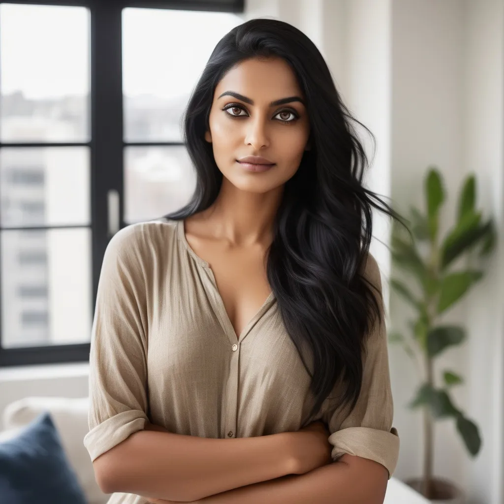 Prompt: "A modern Indian woman with stunning almond-shaped eyes, long, shiny black hair cascading over her shoulders, standing confidently in her stylish, well-lit apartment during a photoshoot. She has light brown skin with a radiant glow, wearing elegant yet casual attire. The apartment has contemporary decor, with large windows letting in soft natural light. The focus is on her captivating eyes, sleek hair, and confident pose, while the background of the apartment remains subtly blurred."