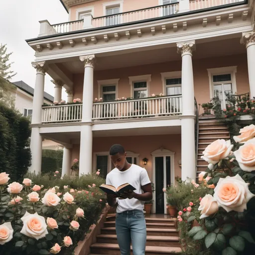 Prompt: young gay black man reading a book on the upper balcony. The picture is panned out to show a beautiful 3 story house with Ivory pillars. The yard has roses and also a medium-sized vegatable garden patch. 