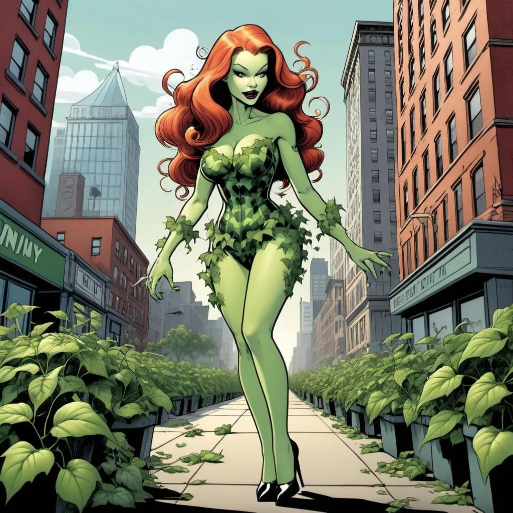 Prompt: Poison Ivy cartoon, walking in high heel shoes, exuding confiene, while talking down brightly light gotham city during the day time, as nascent plants begin to grow and take over the city, hands are stretched out. 