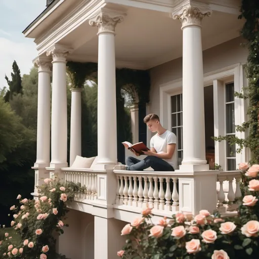 Prompt: young gay man reading a book on the upper balcony. The picture is panned out to show a beautiful 3 story house with Ivory pillars. The yard has roses and also a medium-sized vegatable garden patch. 