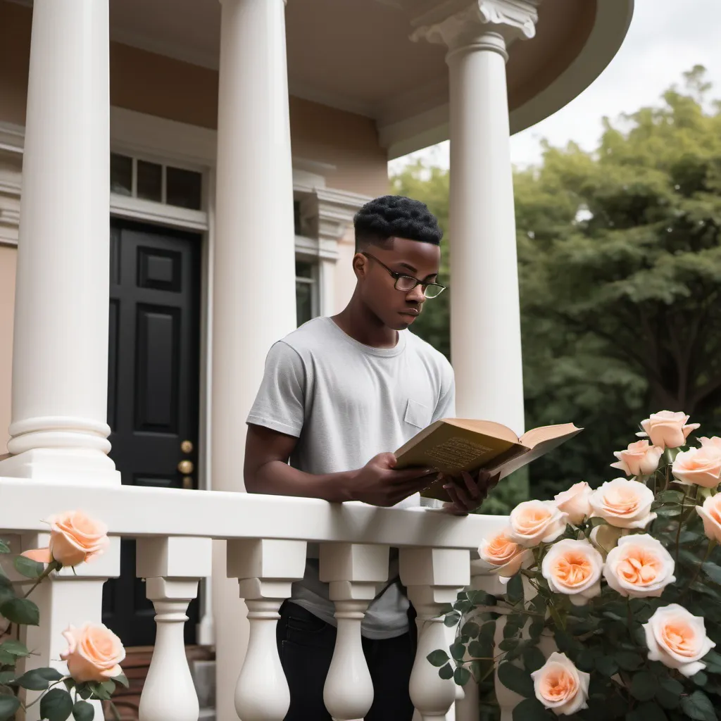 Prompt: young gay black man reading a book on the upper balcony. The picture is panned out to show a beautiful 3 story house with Ivory pillars. The yard has roses and also a medium-sized vegatable garden patch. 
