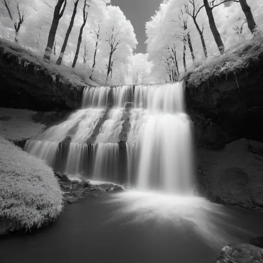 Prompt: Infrared photos waterfall, hasselblad 1600f, zeiss milvus 25mm f/1.4 ze., hasselblad h6d-400c