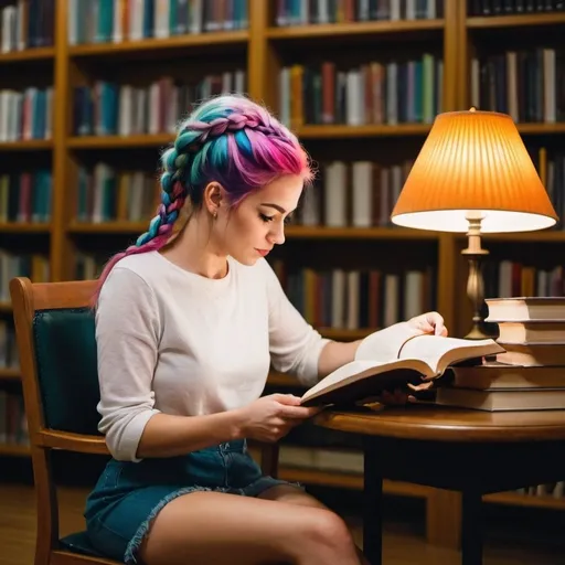 Prompt: A woman with colorful hair, with braided hair, sitting on a chair and a table among the books in a large library, reading her book. In the evening, read the book under the table lamp. There is no one else in the library