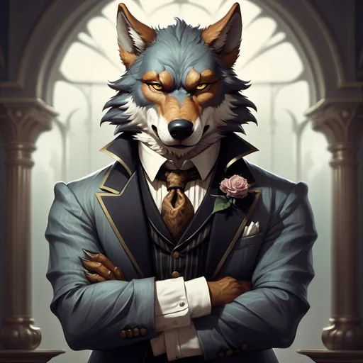 Prompt: fantasy character art of a wolf-headed man in a victorian era suit with arms folded defiantly