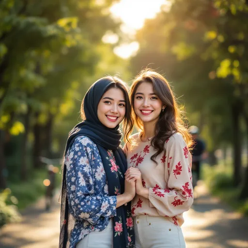 Prompt: Two young women stand closely together on a sunlit path framed by lush greenery, exuding warmth and joy. The woman on the left wears a patterned blue and white top complemented by a dark scarf adorned with floral accents, while the woman on the right is dressed in a light-colored outfit with distinct red motifs, creating a lovely contrast. Both share bright smiles, capturing a moment of connection as they gently hold hands, suggesting a strong bond. In the background, a cyclist navigates along the path, while the soft sunlight filters through the trees, enhancing the cheerful and inviting atmosphere of the scene. The overall composition conveys a sense of friendship and tranquility, highlighting the beauty of everyday moments.