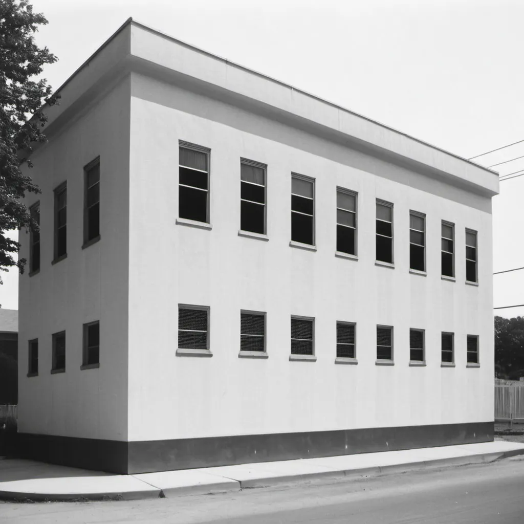 Prompt: Side view of white Saving cooperative building